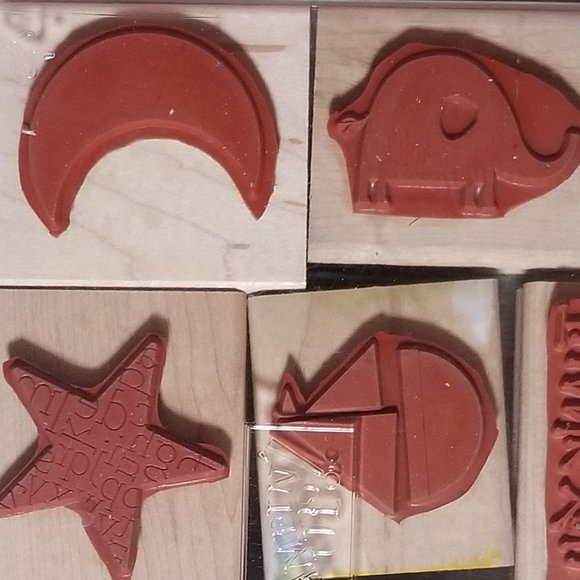 1997-Stampin Up Wood Rubber Stamps Thank You Happy Birthday, Star & Moon Plus - Picture 6 of 7